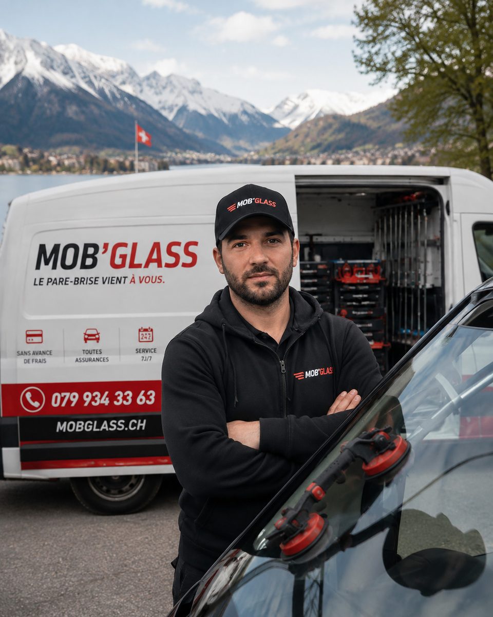 Le fondateur de Mob'Glass devant le camion-atelier ouvert, ventouses posées sur un pare-brise