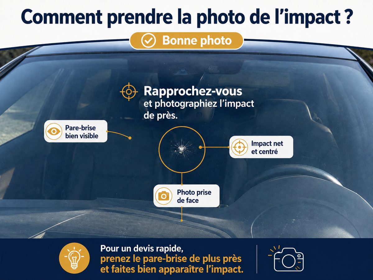 Comment prendre la photo de l'impact : de près, nette, de face, l'impact au centre et le pare-brise bien visible