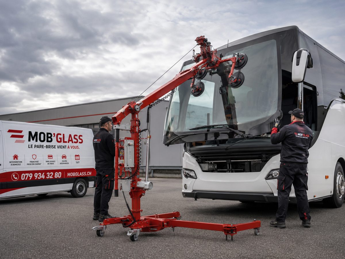 Deux poseurs Mob'Glass posent le pare-brise panoramique d'un autocar avec un robot de levage à ventouses, fourgon Mob'Glass à côté