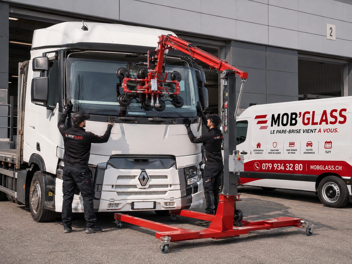 Deux poseurs Mob'Glass posent le pare-brise d'un porteur Renault Trucks blanc avec un robot de levage à ventouses, fourgon Mob'Glass à côté
