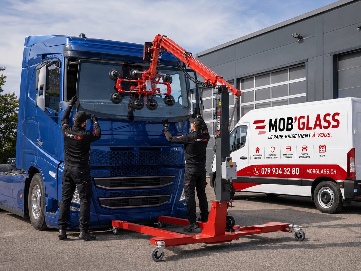 Deux poseurs Mob'Glass remplacent le pare-brise monobloc d'un tracteur routier Volvo FH bleu au robot de levage à ventouses, devant le fourgon Mob'Glass