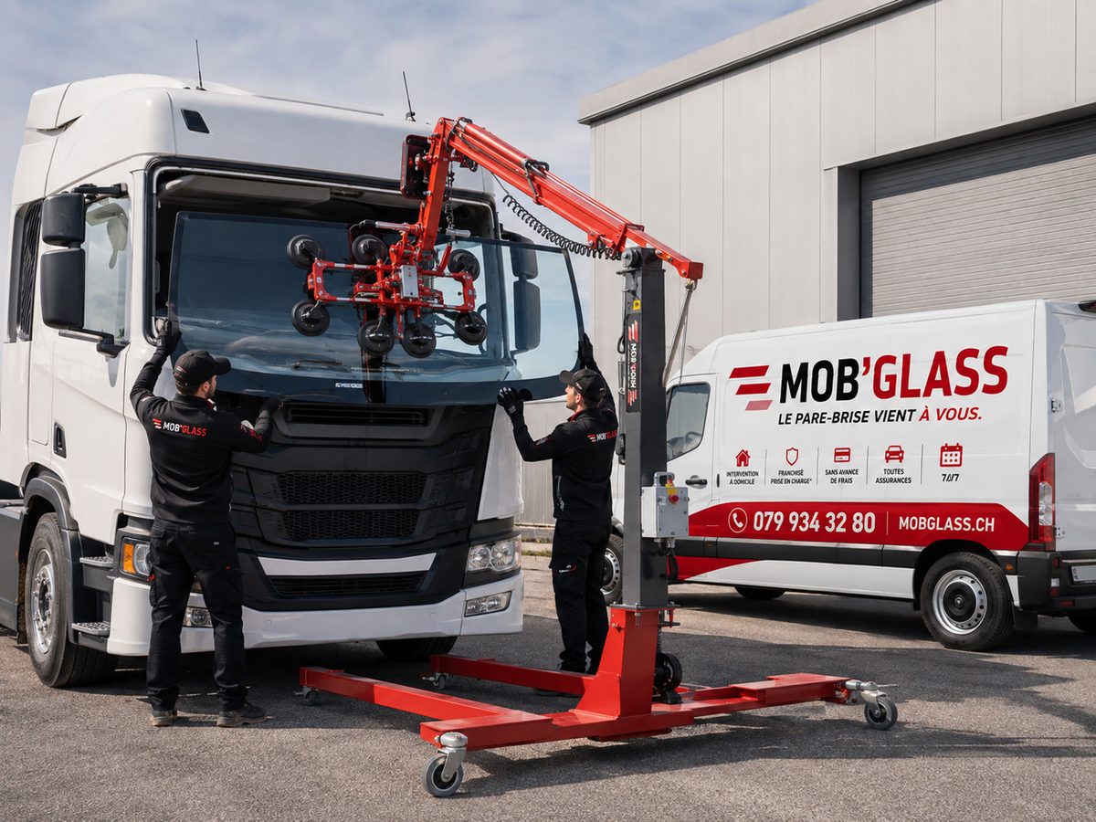 Deux poseurs Mob'Glass remplacent le pare-brise d'un camion Scania blanc avec un robot de levage à ventouses, camionnette Mob'Glass à côté